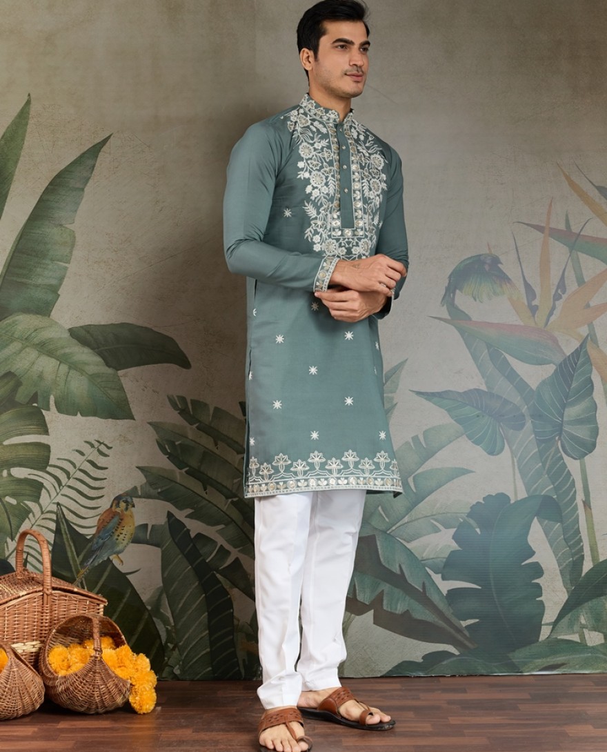 61323-green - Pista Green Thread & Sequence Hand Embroidered Men’s Kurta Set